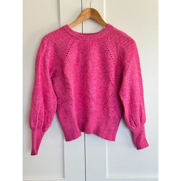 SAKS FIFTH AVENUE Cotton Wool Blend Hot Pink Sweater Puff Sleeve Cropped Size M - Picture 2 of 11